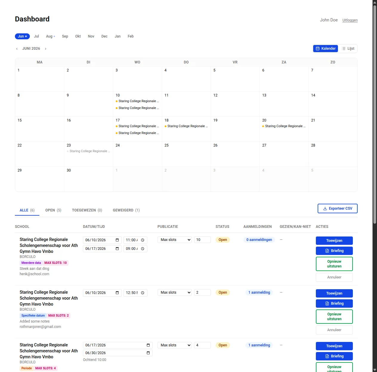De agenda in kalenderweergave
