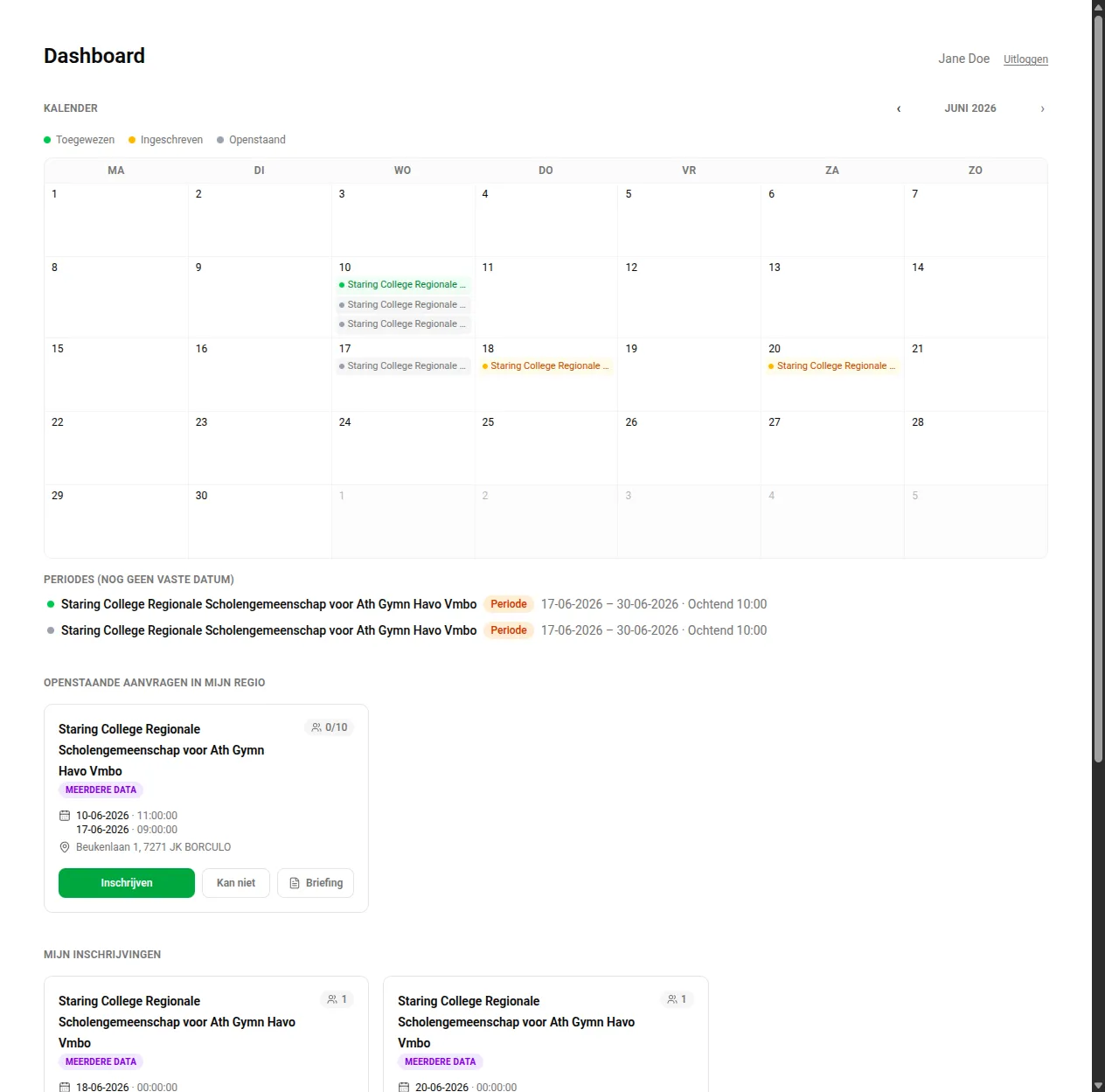 De kalender met de legenda en de aanvragen van de maand